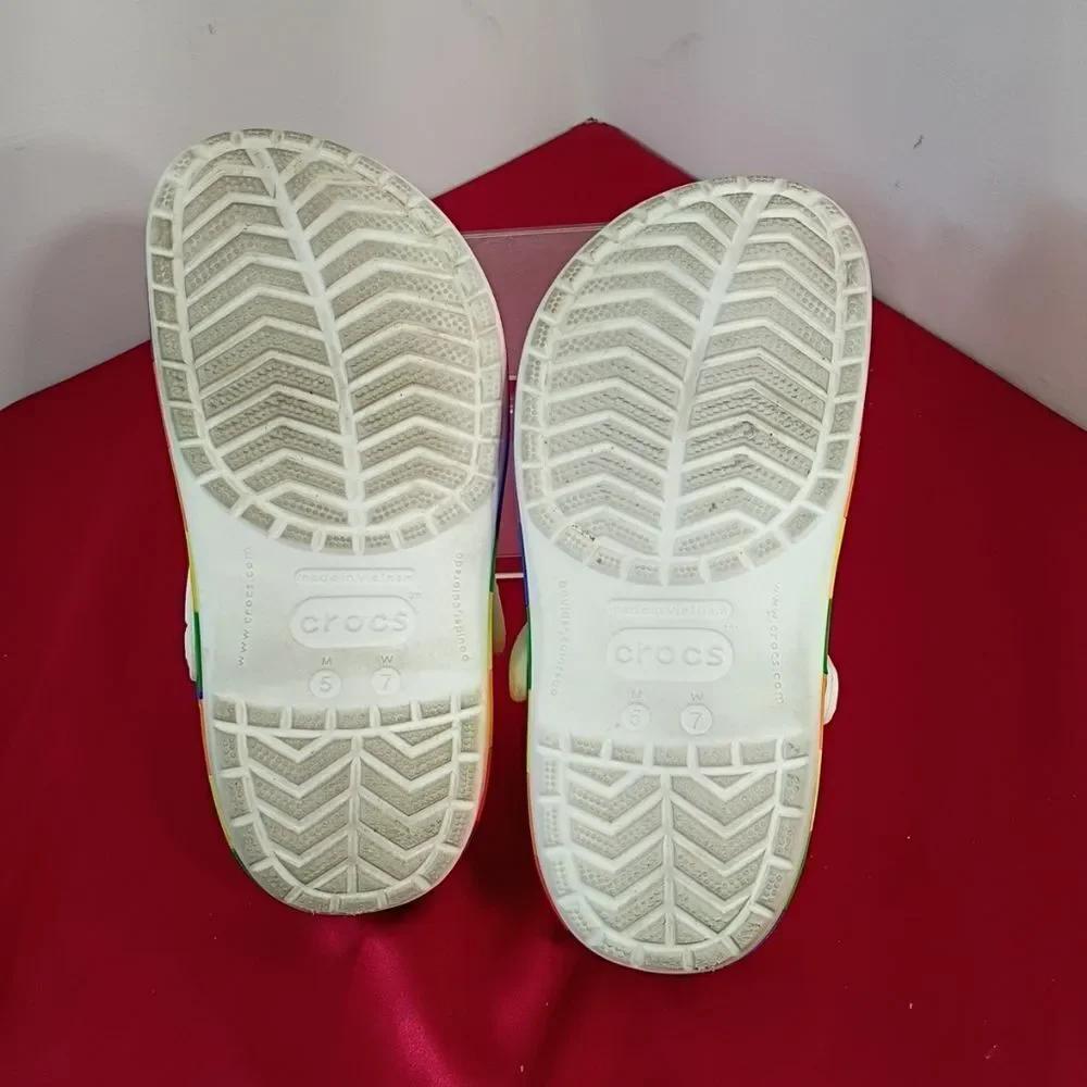 Crocs Men's SZ 5 Women's SZ 7 Rainbow Pride White Slip On Shoes Sandals
